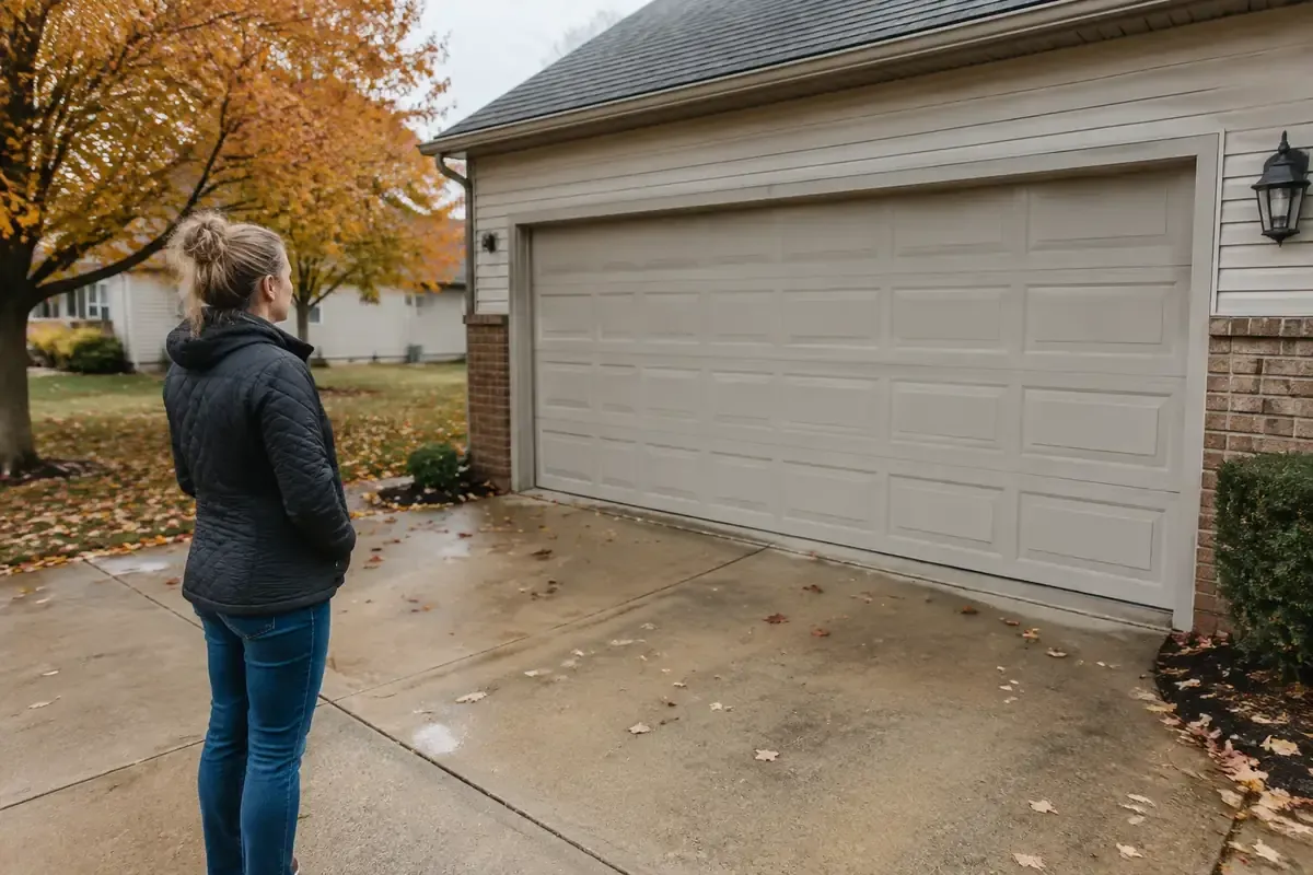 Homeowner looking at a closed garage door while considering why is my garage door so loud.