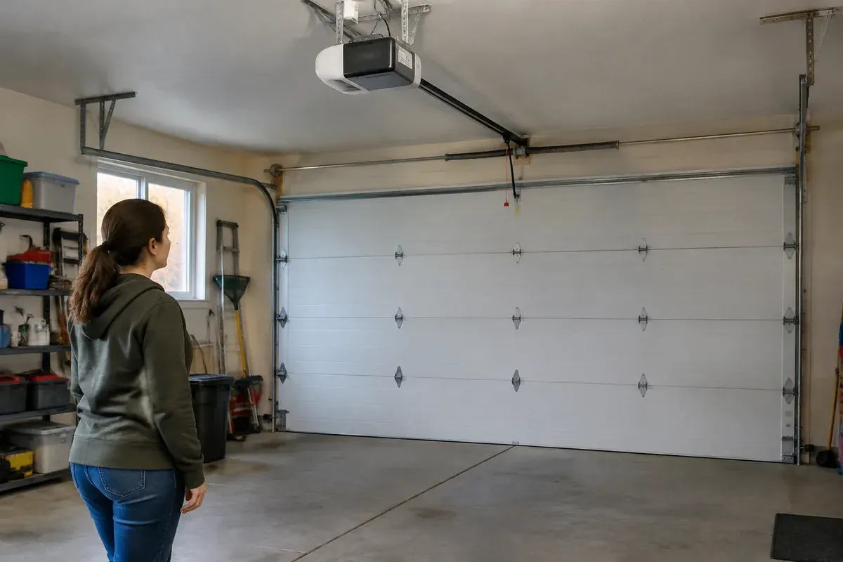 Homeowner checking a garage door not working after power outage.