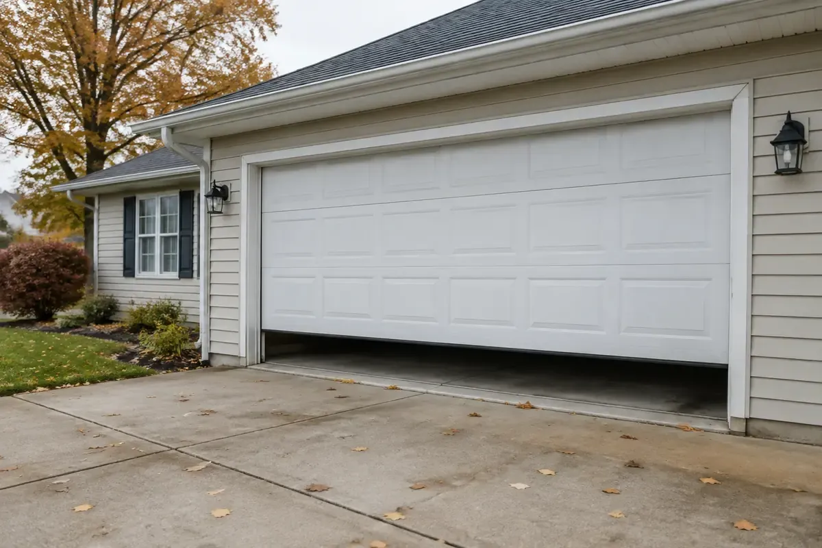 Lima home with a garage door that won't close all the way and leaves a gap above the driveway.