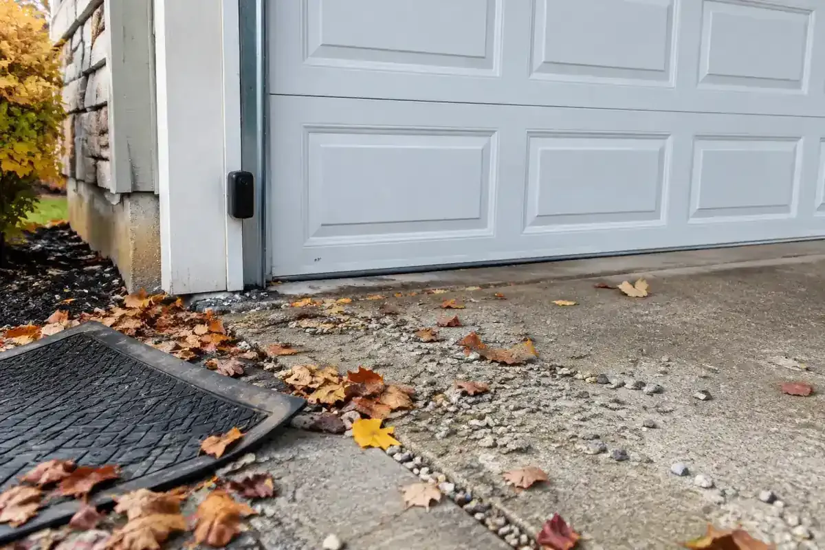 Leaves, gravel, and a shifted floor mat near a garage door threshold.