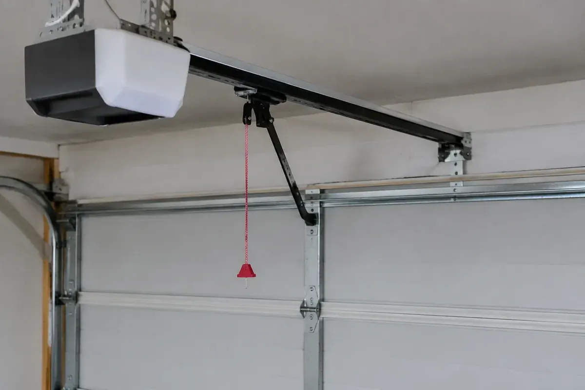 Stationary opener trolley, door arm, and emergency release cord above a closed garage door.