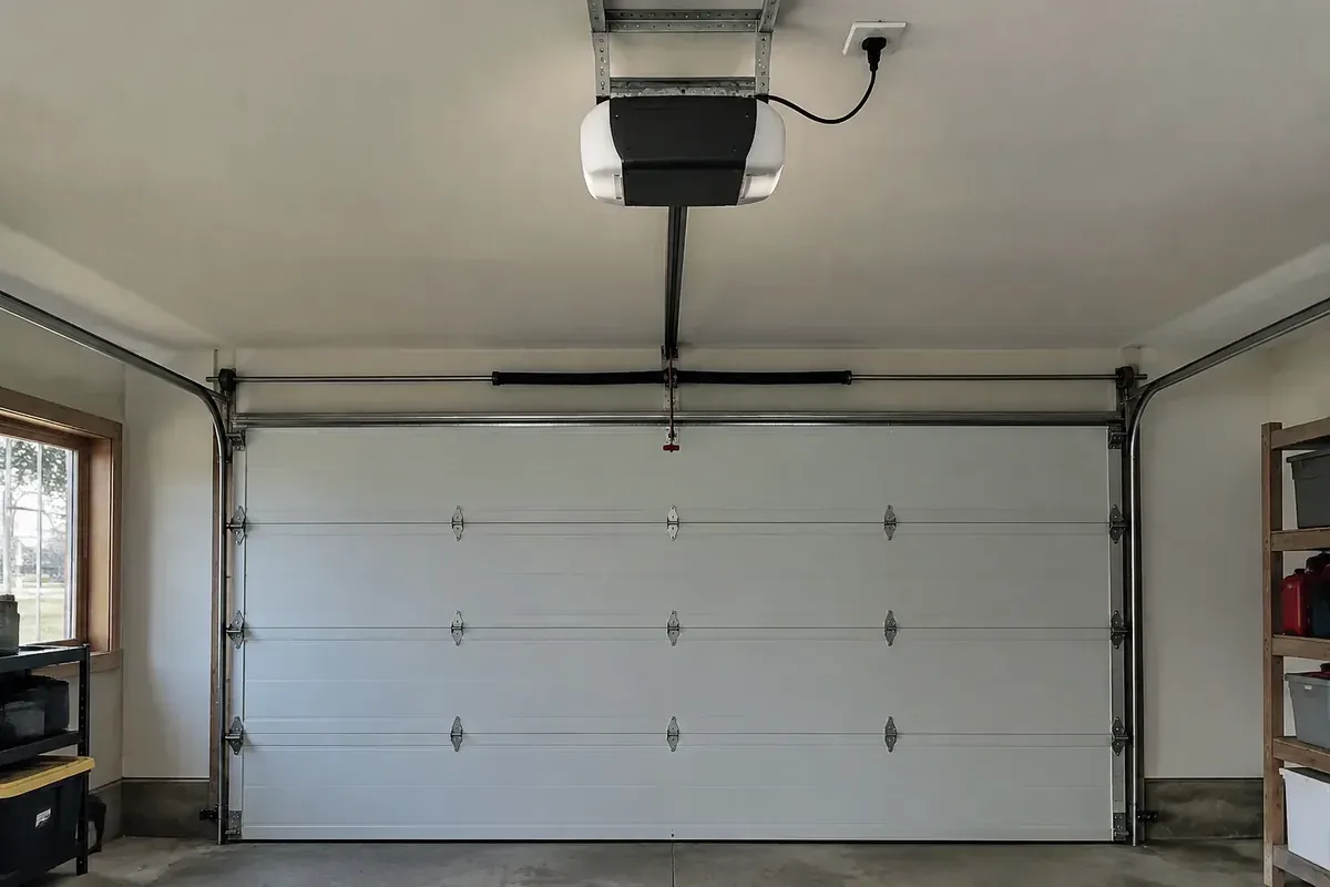Garage door opener with its power cord and nearby outlet visible.