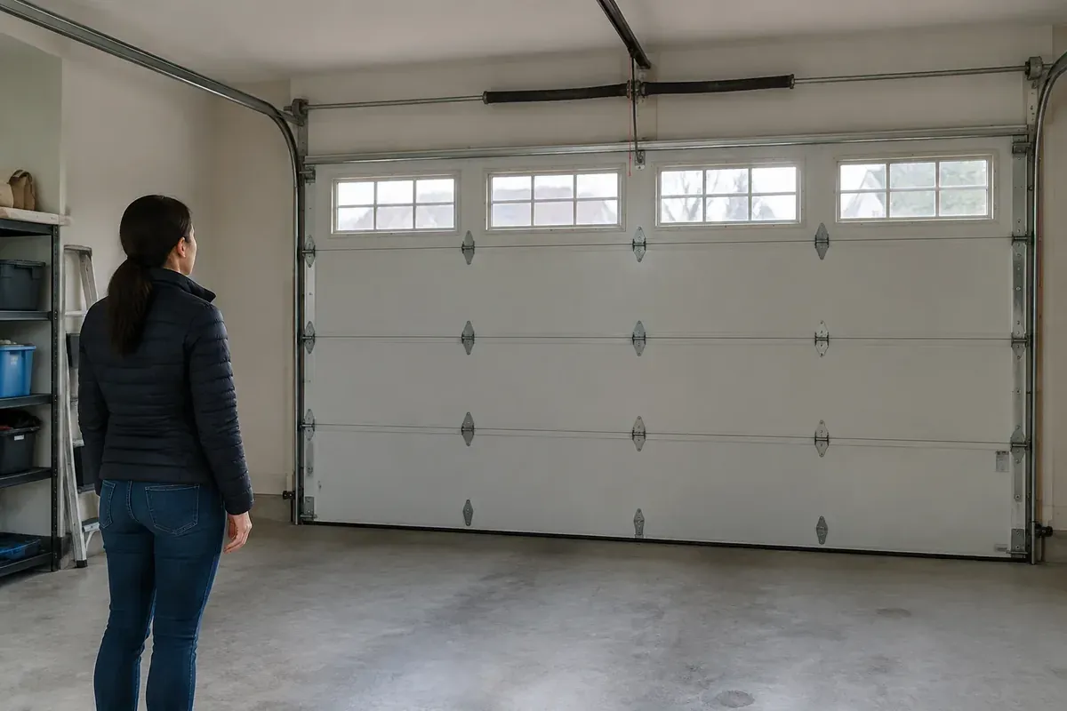 Homeowner observing a closed garage door and its track from a safe distance.